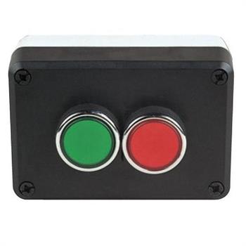 קופסא פלסטית שחור אפור עם 2 לחצים ירוק אדום דגם P2AB